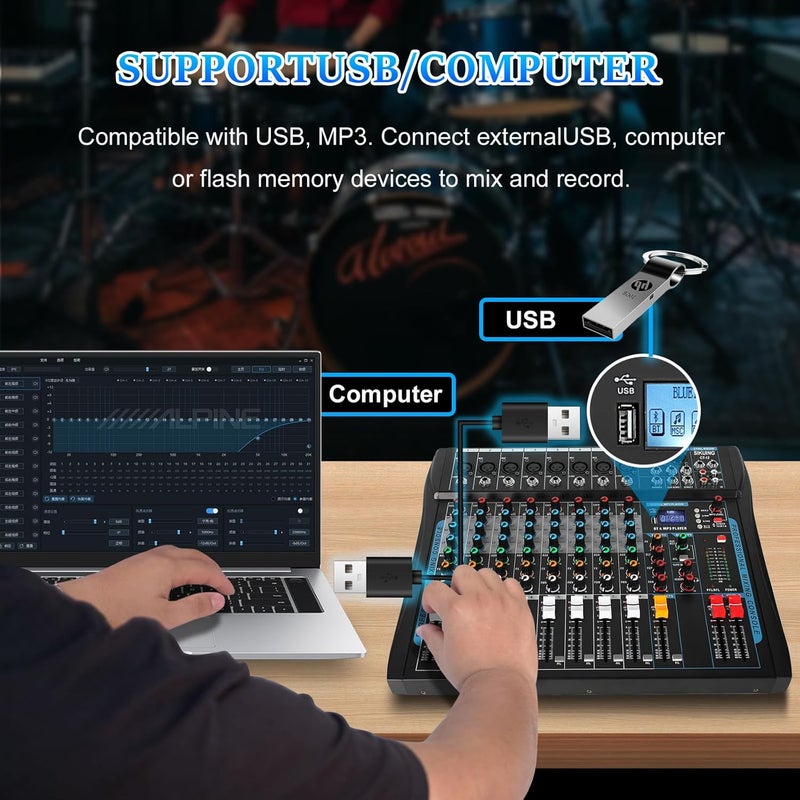 SIKUING 8 Channel Audio Mixer Sound Board Mixer 16 DSP Effect Audio Interfacer w/USB Drive for Computer Recording, 48V Power, XLR Microphone Jack DJ Mixer for Karaoke Studio Streaming Recording - Image 4